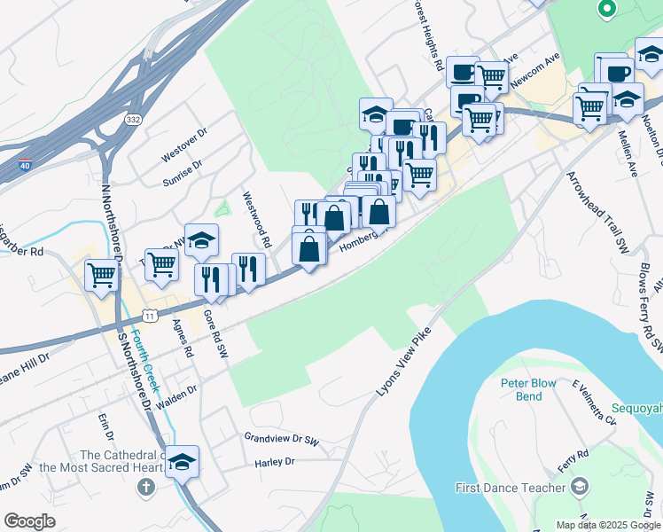 map of restaurants, bars, coffee shops, grocery stores, and more near 5448 Homberg Drive in Knoxville