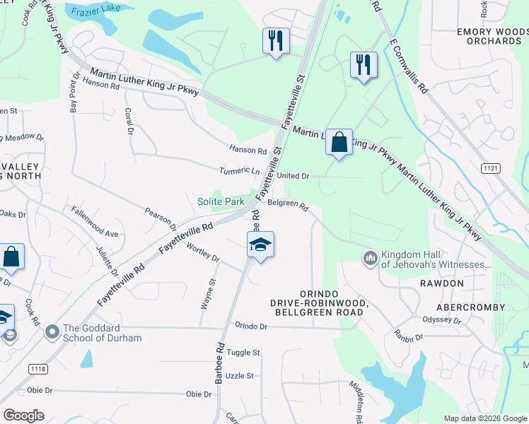 map of restaurants, bars, coffee shops, grocery stores, and more near 508 Belgreen Road in Durham