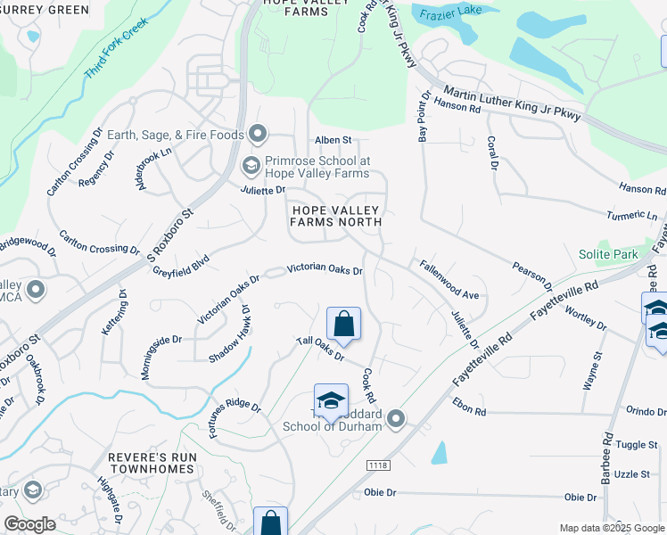 map of restaurants, bars, coffee shops, grocery stores, and more near 108 Victorian Oaks Drive in Durham