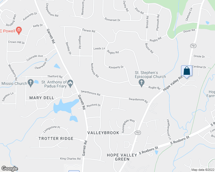 map of restaurants, bars, coffee shops, grocery stores, and more near 4020 Nottaway Road in Durham