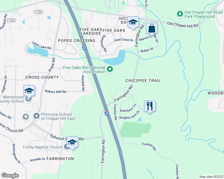 map of restaurants, bars, coffee shops, grocery stores, and more near 5216 Marcella Court in Durham