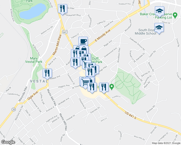 map of restaurants, bars, coffee shops, grocery stores, and more near 4310 Chapman Highway in Knoxville