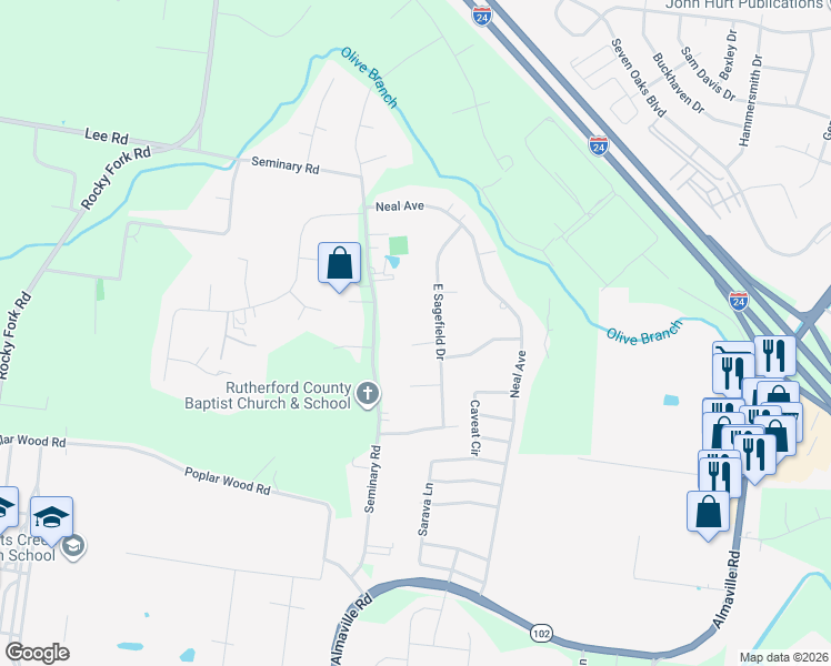 map of restaurants, bars, coffee shops, grocery stores, and more near 405 Bluegrass Ct in Smyrna