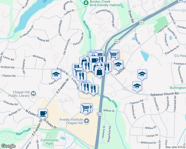 map of restaurants, bars, coffee shops, grocery stores, and more near 1800 East Franklin Street in Chapel Hill