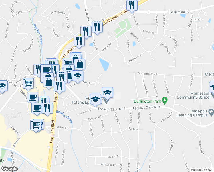 map of restaurants, bars, coffee shops, grocery stores, and more near 14 Lark Circle in Chapel Hill