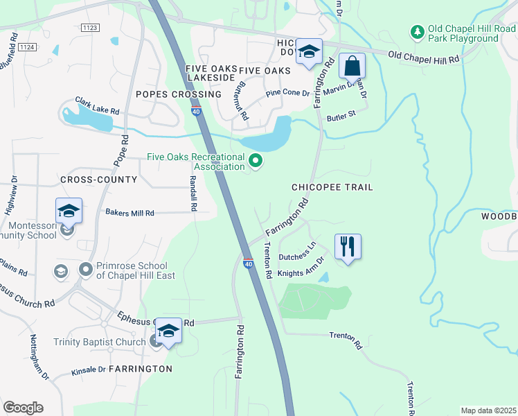 map of restaurants, bars, coffee shops, grocery stores, and more near 5216 Marcella Court in Durham