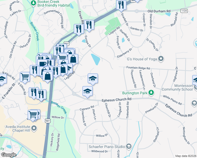 map of restaurants, bars, coffee shops, grocery stores, and more near 14 Lark Circle in Chapel Hill