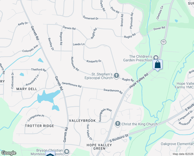 map of restaurants, bars, coffee shops, grocery stores, and more near 4036 Nottaway Road in Durham