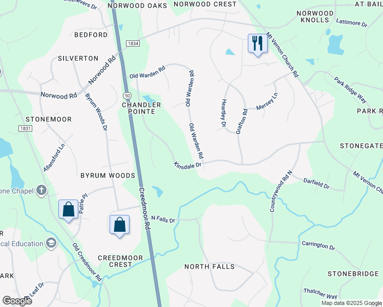 map of restaurants, bars, coffee shops, grocery stores, and more near 10017 Old Warden Road in Raleigh