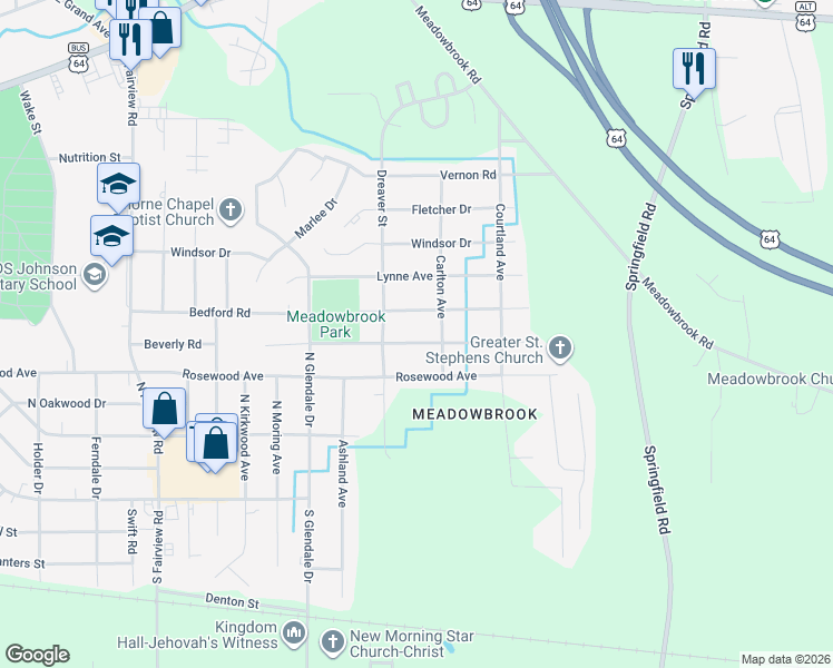 map of restaurants, bars, coffee shops, grocery stores, and more near 1816 Beverly Road in Rocky Mount