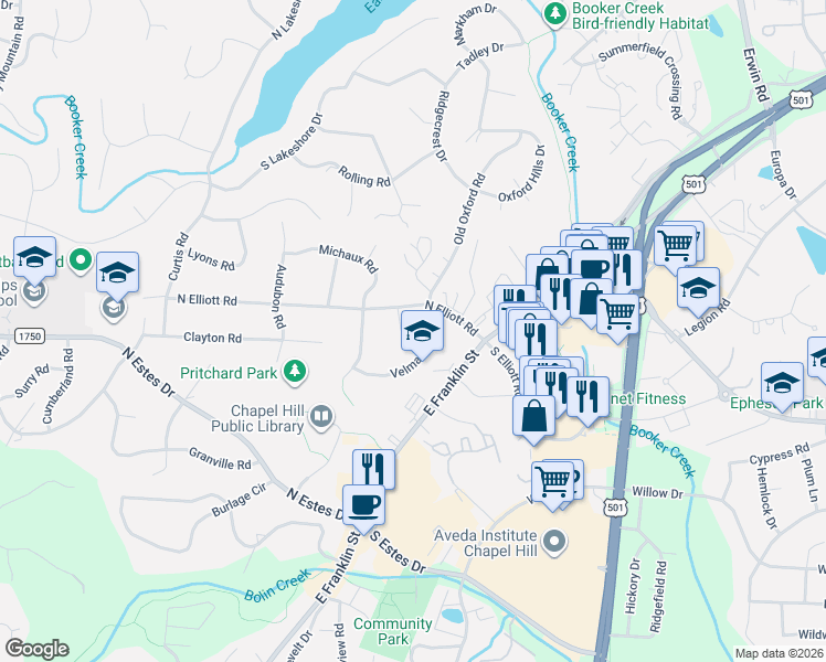 map of restaurants, bars, coffee shops, grocery stores, and more near 205 Wood Circle in Chapel Hill