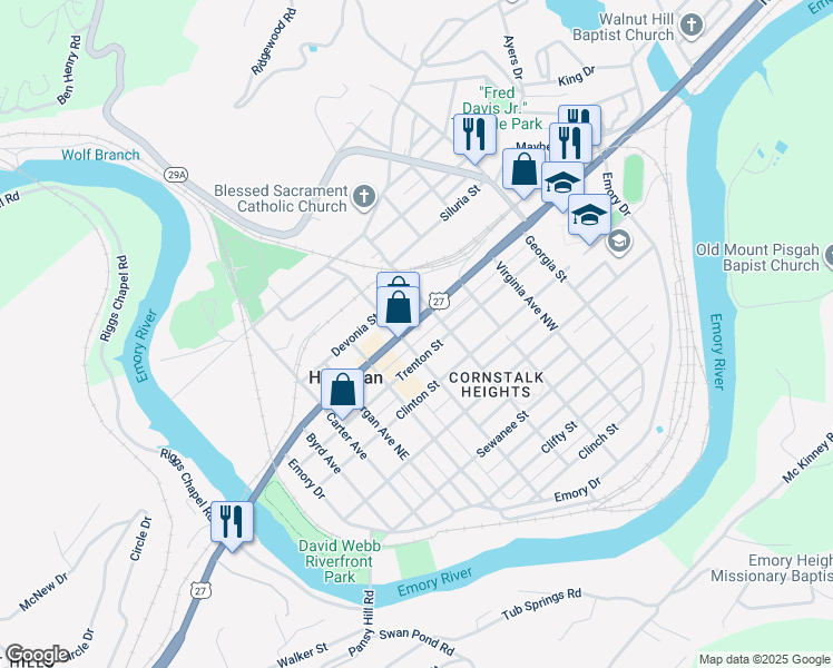 map of restaurants, bars, coffee shops, grocery stores, and more near 519 Trenton Street in Harriman