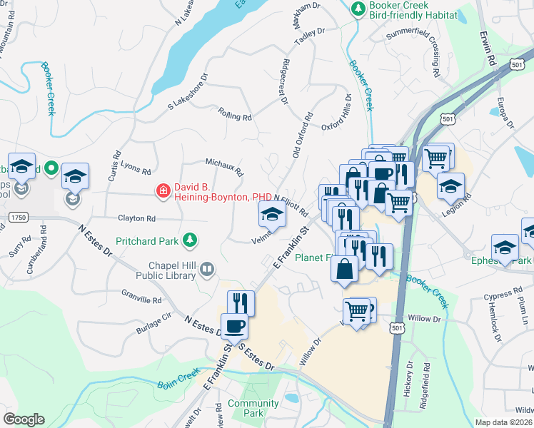 map of restaurants, bars, coffee shops, grocery stores, and more near 205 Wood Circle in Chapel Hill