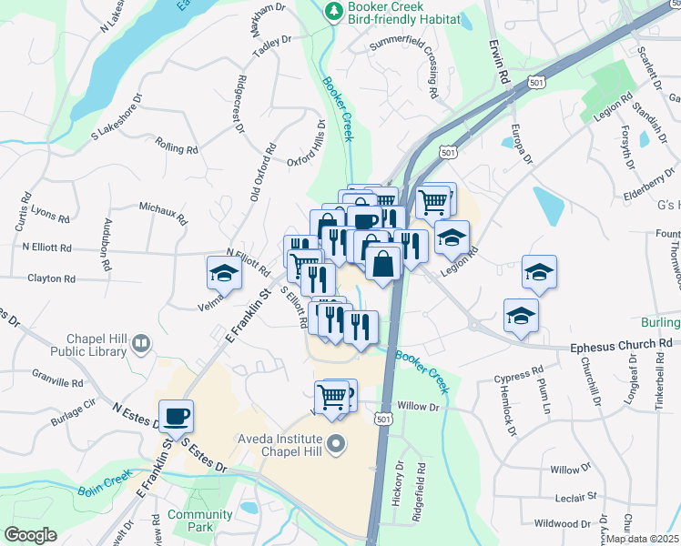 map of restaurants, bars, coffee shops, grocery stores, and more near 1800 East Franklin Street in Chapel Hill