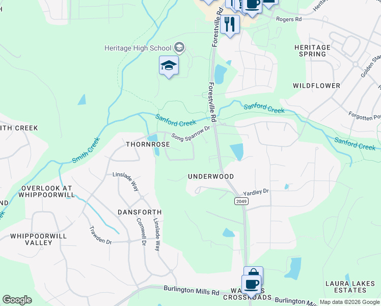 map of restaurants, bars, coffee shops, grocery stores, and more near 1316 Lindenberg Square in Wake Forest
