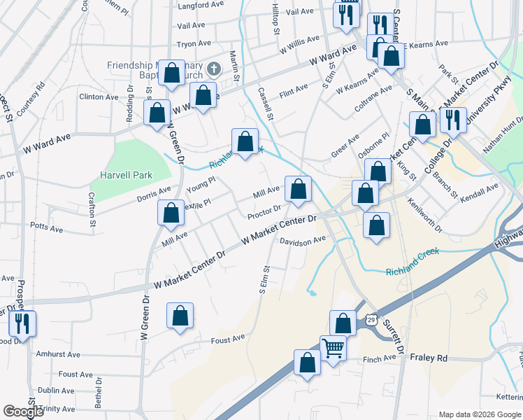 map of restaurants, bars, coffee shops, grocery stores, and more near 1002 Proctor Drive in High Point