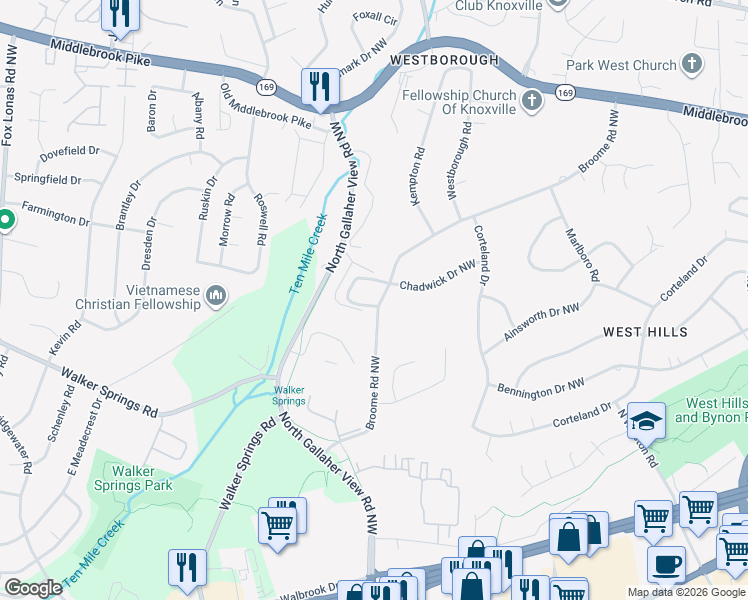 map of restaurants, bars, coffee shops, grocery stores, and more near 309 Chadwick Drive in Knoxville