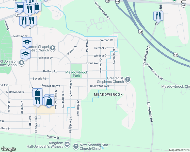 map of restaurants, bars, coffee shops, grocery stores, and more near 1816 Beverly Road in Rocky Mount