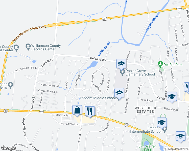 map of restaurants, bars, coffee shops, grocery stores, and more near 616 Rutherford Lane in Franklin