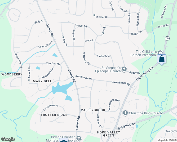 map of restaurants, bars, coffee shops, grocery stores, and more near 4000 Nottaway Road in Durham