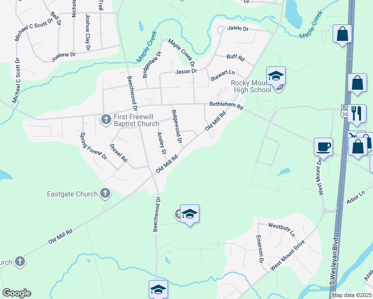map of restaurants, bars, coffee shops, grocery stores, and more near 1417 Old Mill Road in Rocky Mount