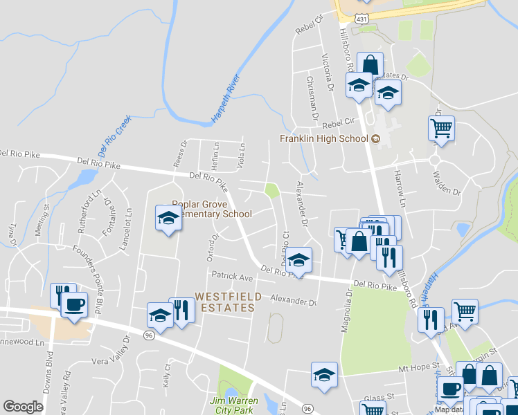 map of restaurants, bars, coffee shops, grocery stores, and more near 604 Dunbrooke Court in Franklin