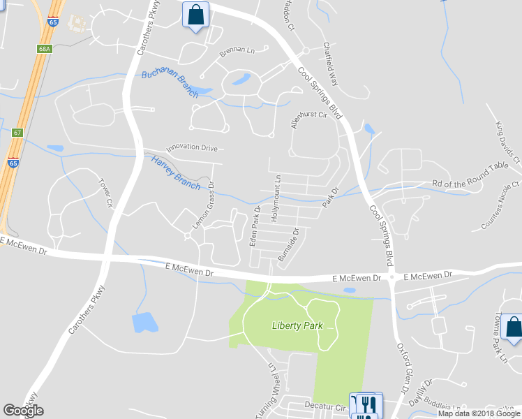 map of restaurants, bars, coffee shops, grocery stores, and more near 1001 Eden Park Drive in Franklin