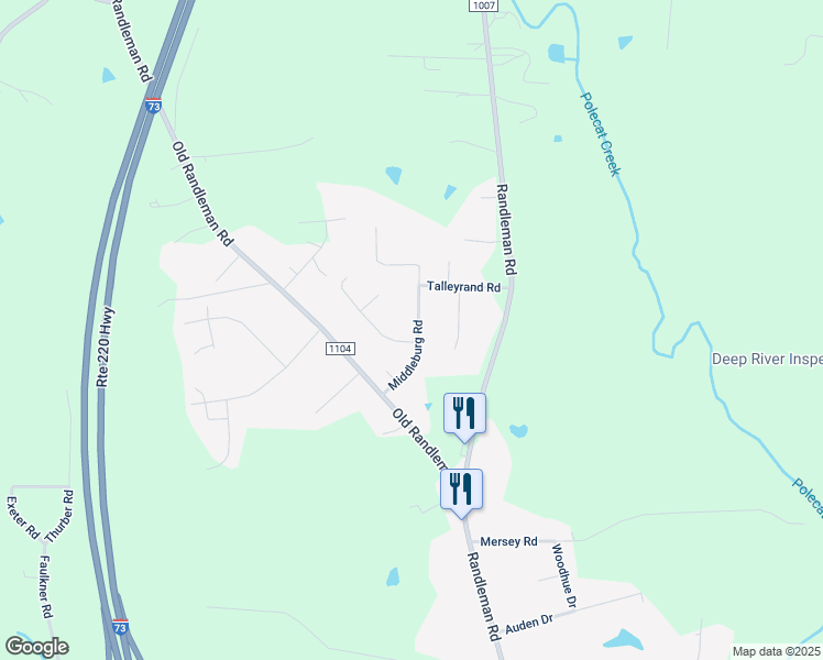 map of restaurants, bars, coffee shops, grocery stores, and more near 1400 Buxton Road in Greensboro