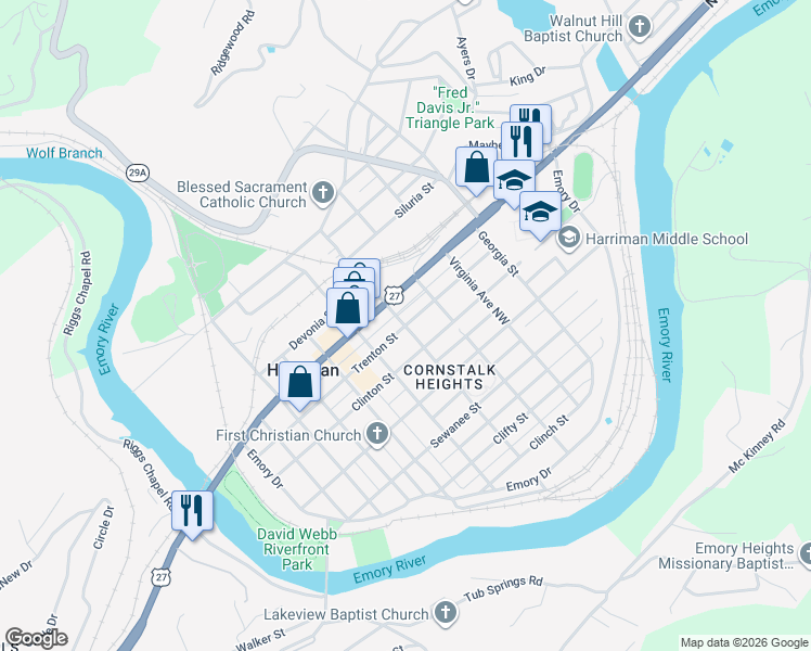 map of restaurants, bars, coffee shops, grocery stores, and more near 601 Trenton Street in Harriman