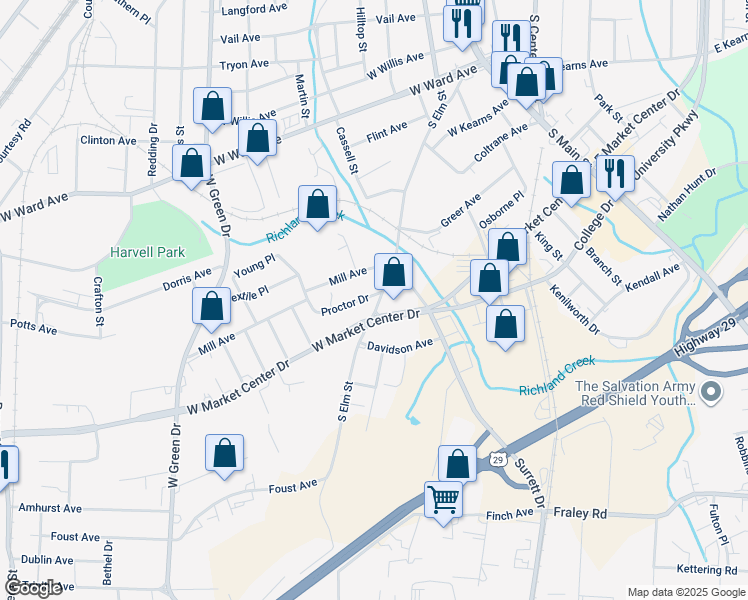 map of restaurants, bars, coffee shops, grocery stores, and more near 901 Proctor Drive in High Point