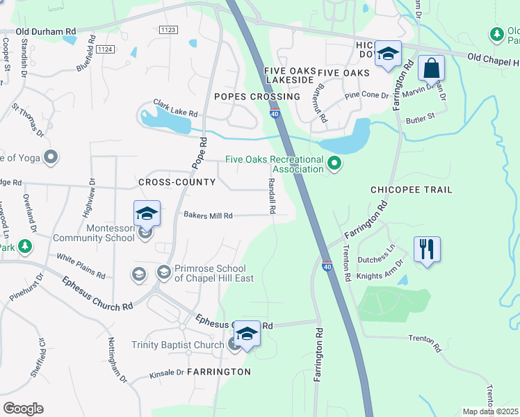 map of restaurants, bars, coffee shops, grocery stores, and more near 5304 Bakers Mill Road in Durham
