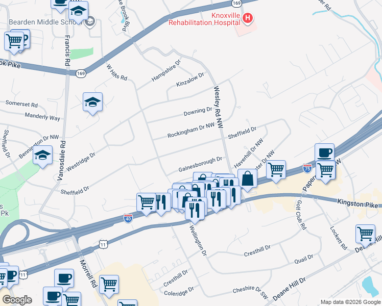 map of restaurants, bars, coffee shops, grocery stores, and more near 7026 Sheffield Drive in Knoxville