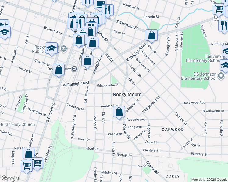 map of restaurants, bars, coffee shops, grocery stores, and more near 618 Buena Vista Ave in Rocky Mt