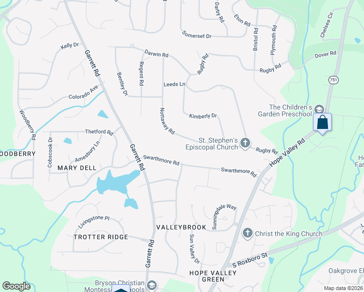 map of restaurants, bars, coffee shops, grocery stores, and more near 4020 Nottaway Road in Durham
