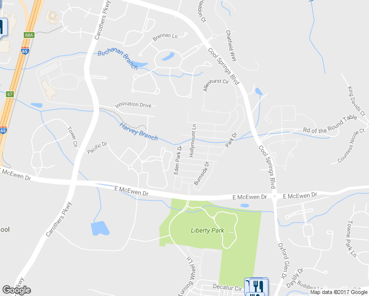 map of restaurants, bars, coffee shops, grocery stores, and more near 1003 Eden Park Drive in Franklin