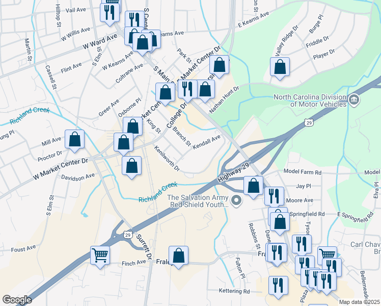 map of restaurants, bars, coffee shops, grocery stores, and more near 205 Kendall Avenue in High Point