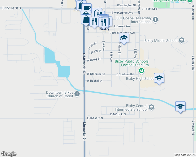 map of restaurants, bars, coffee shops, grocery stores, and more near 25 West Rachel Street in Bixby