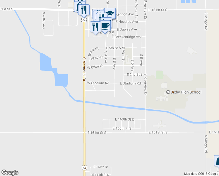 map of restaurants, bars, coffee shops, grocery stores, and more near 9 W Rachel St in Bixby