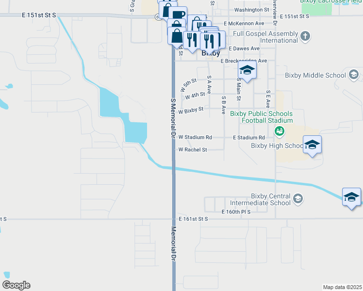 map of restaurants, bars, coffee shops, grocery stores, and more near 107 West Rachel Street in Bixby