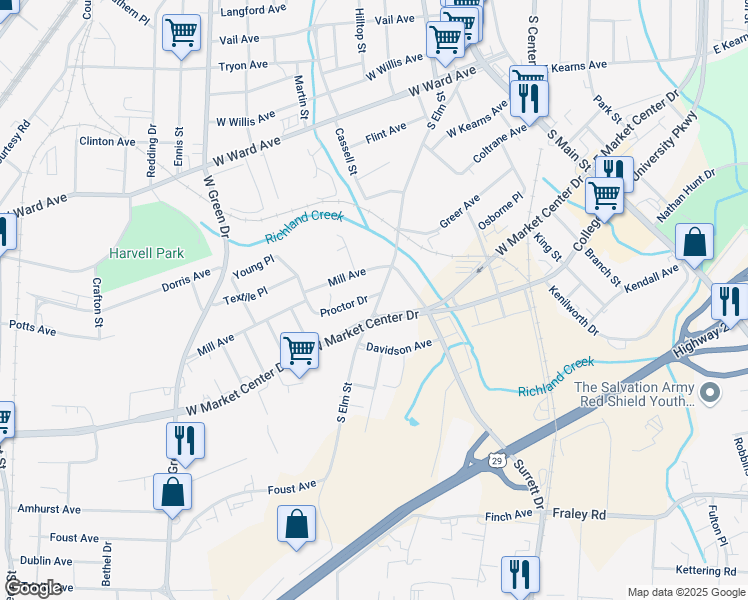 map of restaurants, bars, coffee shops, grocery stores, and more near 901 Proctor Drive in High Point