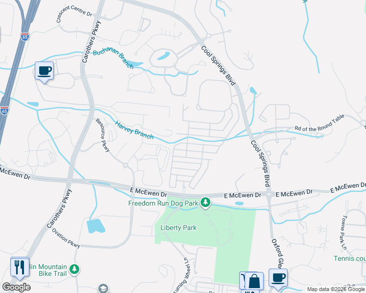 map of restaurants, bars, coffee shops, grocery stores, and more near 1003 Eden Park Drive in Franklin