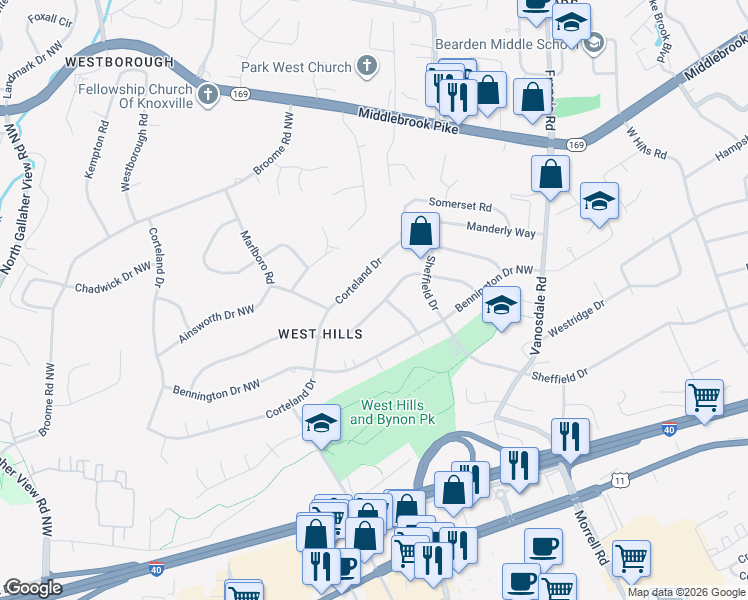 map of restaurants, bars, coffee shops, grocery stores, and more near 7925 Chesterfield Drive in Knoxville