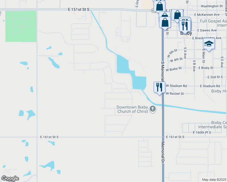 map of restaurants, bars, coffee shops, grocery stores, and more near 6854 East 161st Street in Bixby