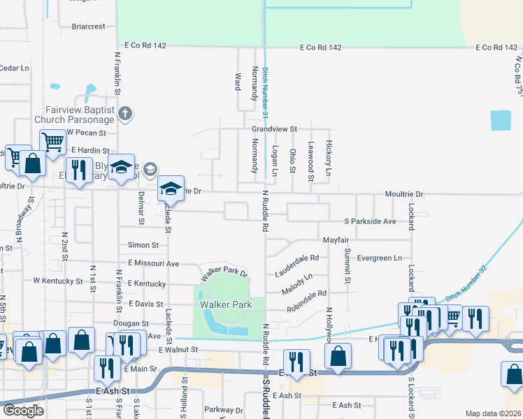 map of restaurants, bars, coffee shops, grocery stores, and more near 903 North Ruddle Road in Blytheville