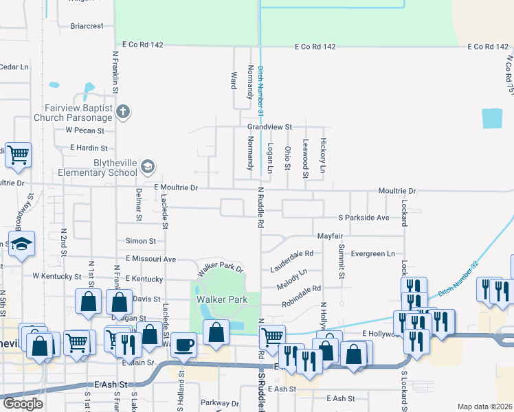 map of restaurants, bars, coffee shops, grocery stores, and more near 903 North Ruddle Road in Blytheville
