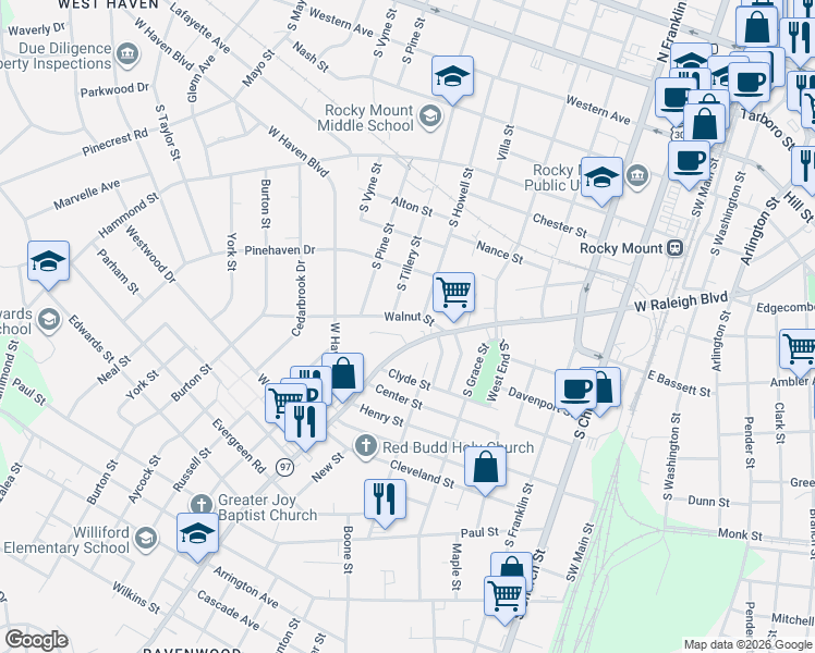 map of restaurants, bars, coffee shops, grocery stores, and more near 709 Walnut Street in Rocky Mount