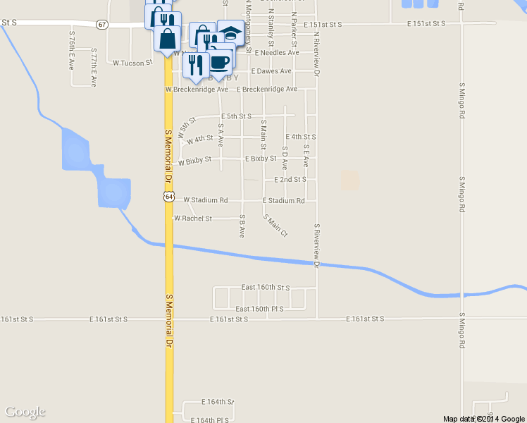 map of restaurants, bars, coffee shops, grocery stores, and more near 106 East Stadium Road in Bixby