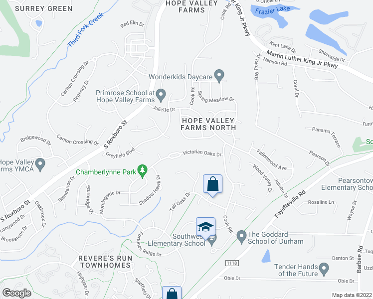 map of restaurants, bars, coffee shops, grocery stores, and more near 124 Victorian Oaks Drive in Durham