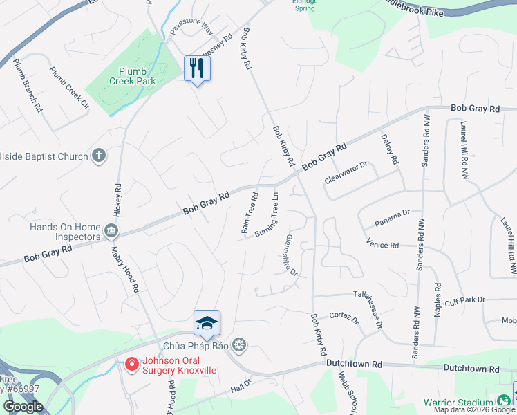 map of restaurants, bars, coffee shops, grocery stores, and more near 1112 Rain Tree Road in Knoxville