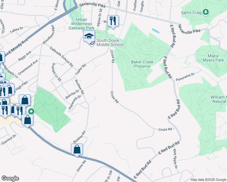 map of restaurants, bars, coffee shops, grocery stores, and more near 4108 Cruze Road in Knoxville